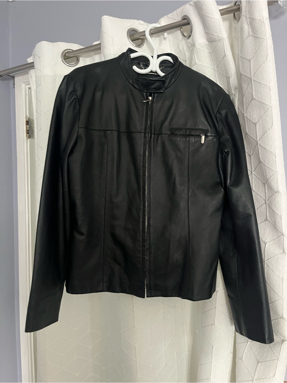 Women's Black Leather Zip-Front Jacket with Stand Collar